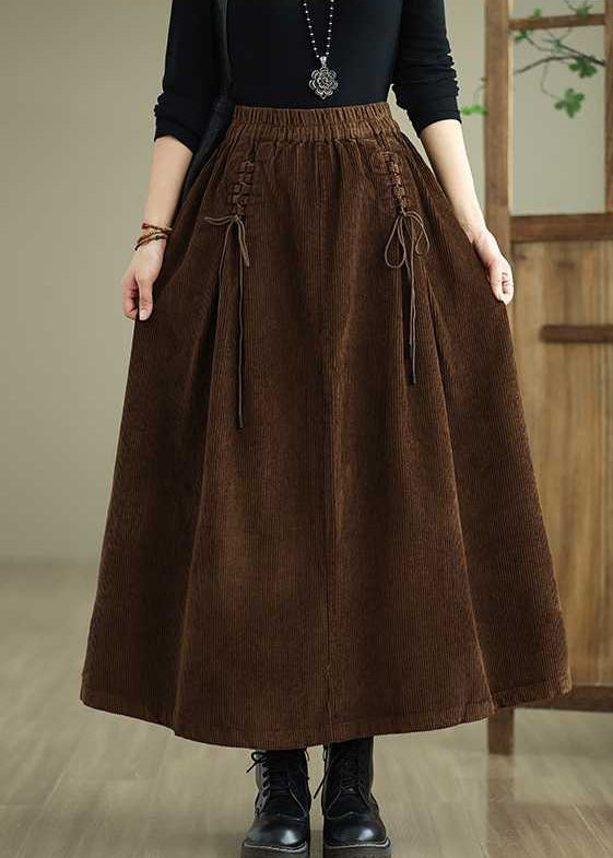 Unique Coffee Pockets Lace Up Elastic Waist Corduroy Skirt Spring TH049