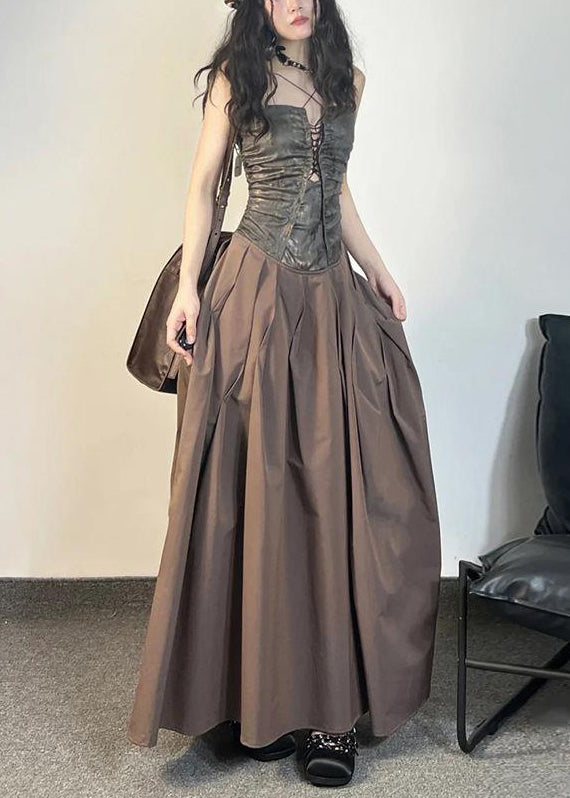 Unique Coffee Pockets Patchwork Cotton Spaghetti Strap Dress Sleeveless ZL048 SH-LF-SDL240621