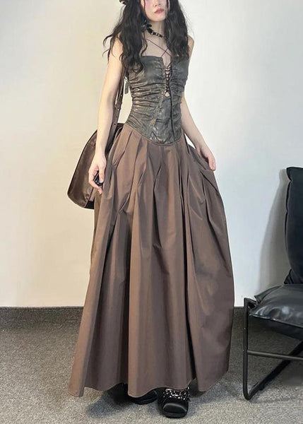 Unique Coffee Pockets Patchwork Cotton Spaghetti Strap Dress Sleeveless ZL048 SH-LF-SDL240621