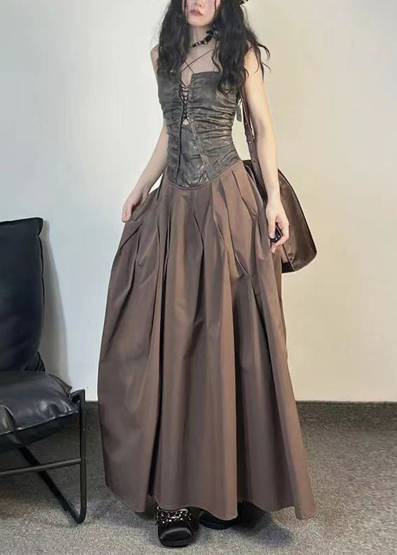 Unique Coffee Pockets Patchwork Cotton Spaghetti Strap Dress Sleeveless ZL048 SH-LF-SDL240621