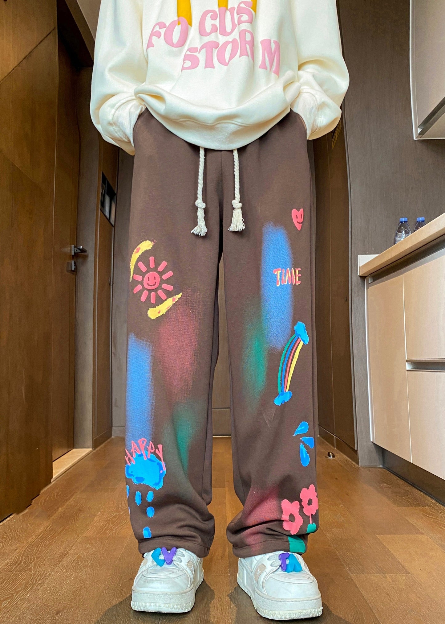 Unique Coffee Print Elastic Waist Cotton Men Pants Fall WA062 MENP241110