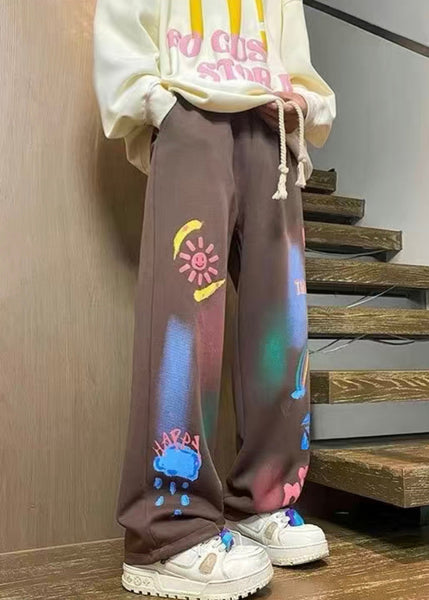 Unique Coffee Print Elastic Waist Cotton Men Pants Fall WA062 MENP241110