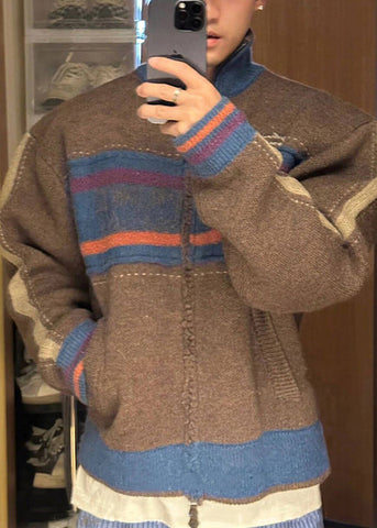 Unique Coffee Zip Up Striped Patchwork Knit Mens Cardigan Spring TK003