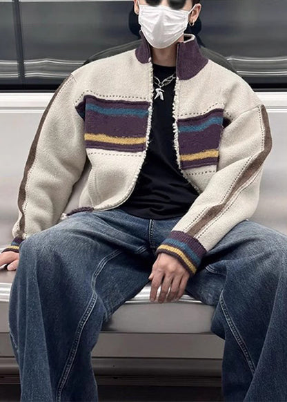 Unique Coffee Zip Up Striped Patchwork Knit Mens Cardigan Spring TK003