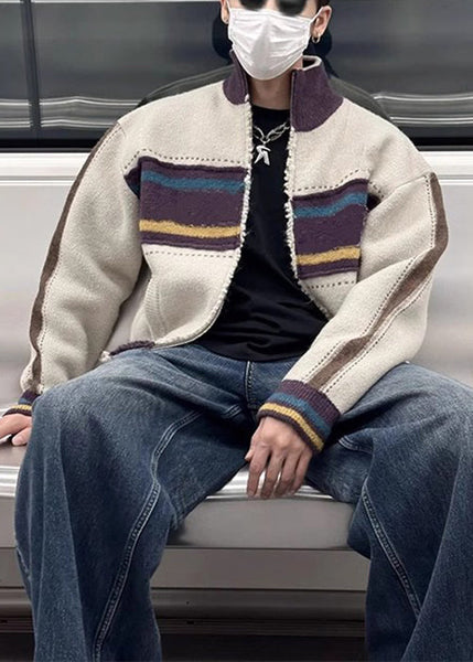 Unique Coffee Zip Up Striped Patchwork Knit Mens Cardigan Spring TK003