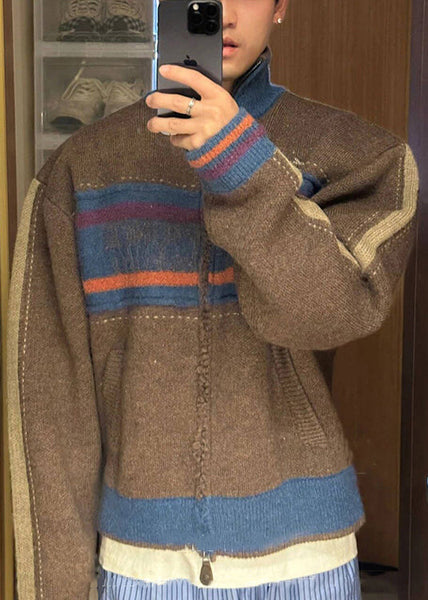 Unique Coffee Zip Up Striped Patchwork Knit Mens Cardigan Spring TK003