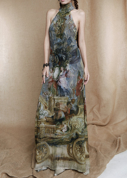 Unique Colorblock Turtleneck Print Cotton Long Dress Sleeveless KK076 SH-LF-SDL240602