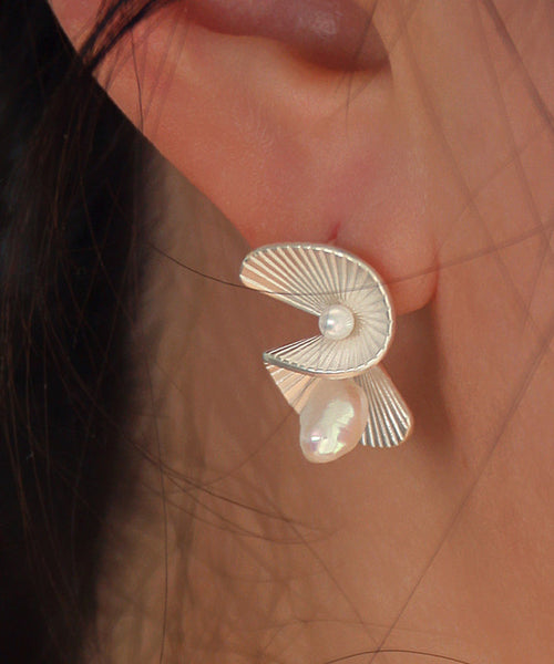 Unique Copper Pearl Fan-Shaped Stud Earrings TX031