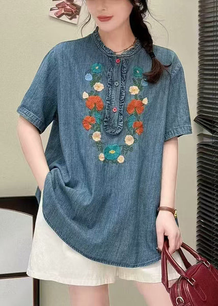 Summer Shirt Ruffled Unique Blue Embroidered Denim FashionChic