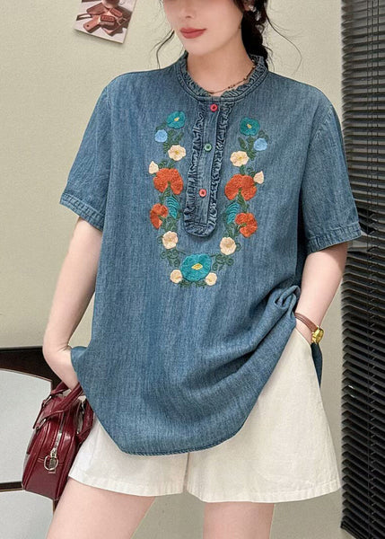 Summer Shirt Ruffled Unique Blue Embroidered Denim FashionChic