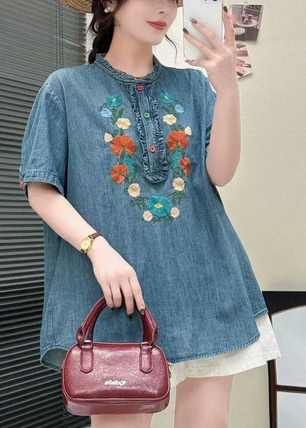Summer Shirt Ruffled Unique Blue Embroidered Denim FashionChic