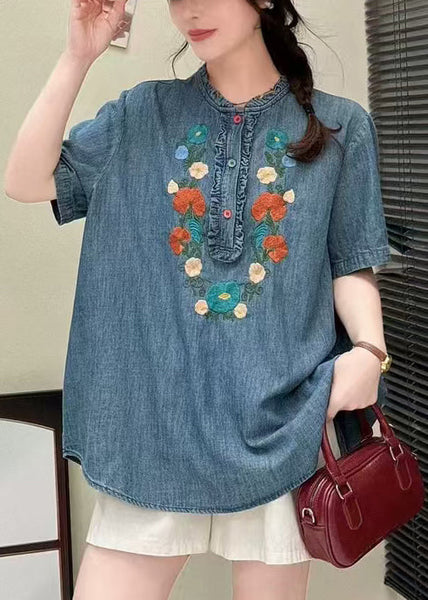 Summer Shirt Ruffled Unique Blue Embroidered Denim FashionChic