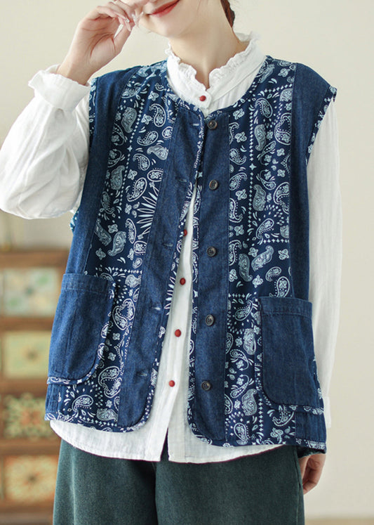 Unique Denim Blue O-Neck Print Pockets Waistcoat Spring VB1064 Ada Fashion