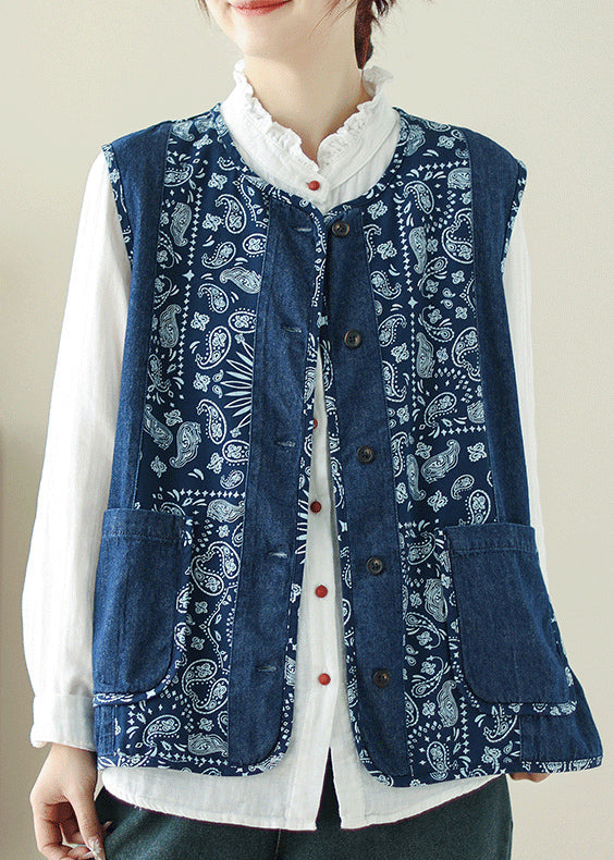 Unique Denim Blue O-Neck Print Pockets Waistcoat Spring VB1064 Ada Fashion