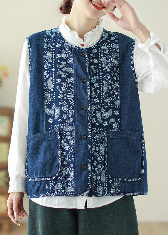 Unique Denim Blue O-Neck Print Pockets Waistcoat Spring VB1064 Ada Fashion