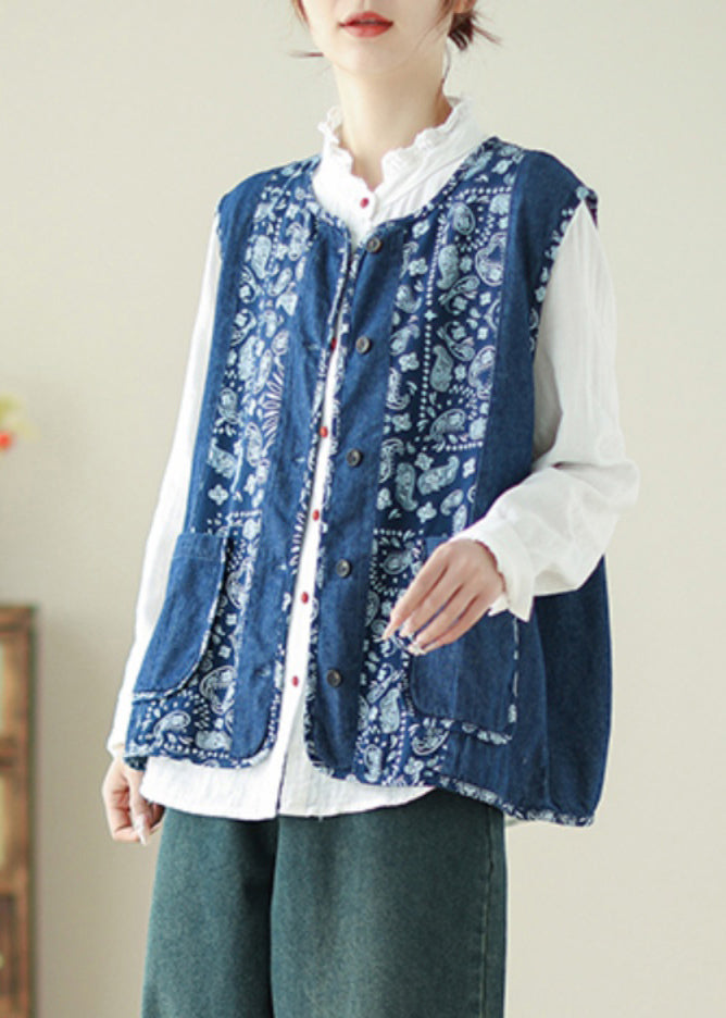 Unique Denim Blue O-Neck Print Pockets Waistcoat Spring VB1064 Ada Fashion