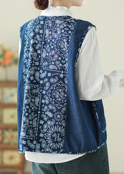 Unique Denim Blue O-Neck Print Pockets Waistcoat Spring VB1064 Ada Fashion