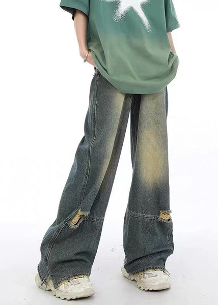 Unique Denim Blue Pockets Patchwork Hole Men Pants SA022 Men-casual-MENP240726