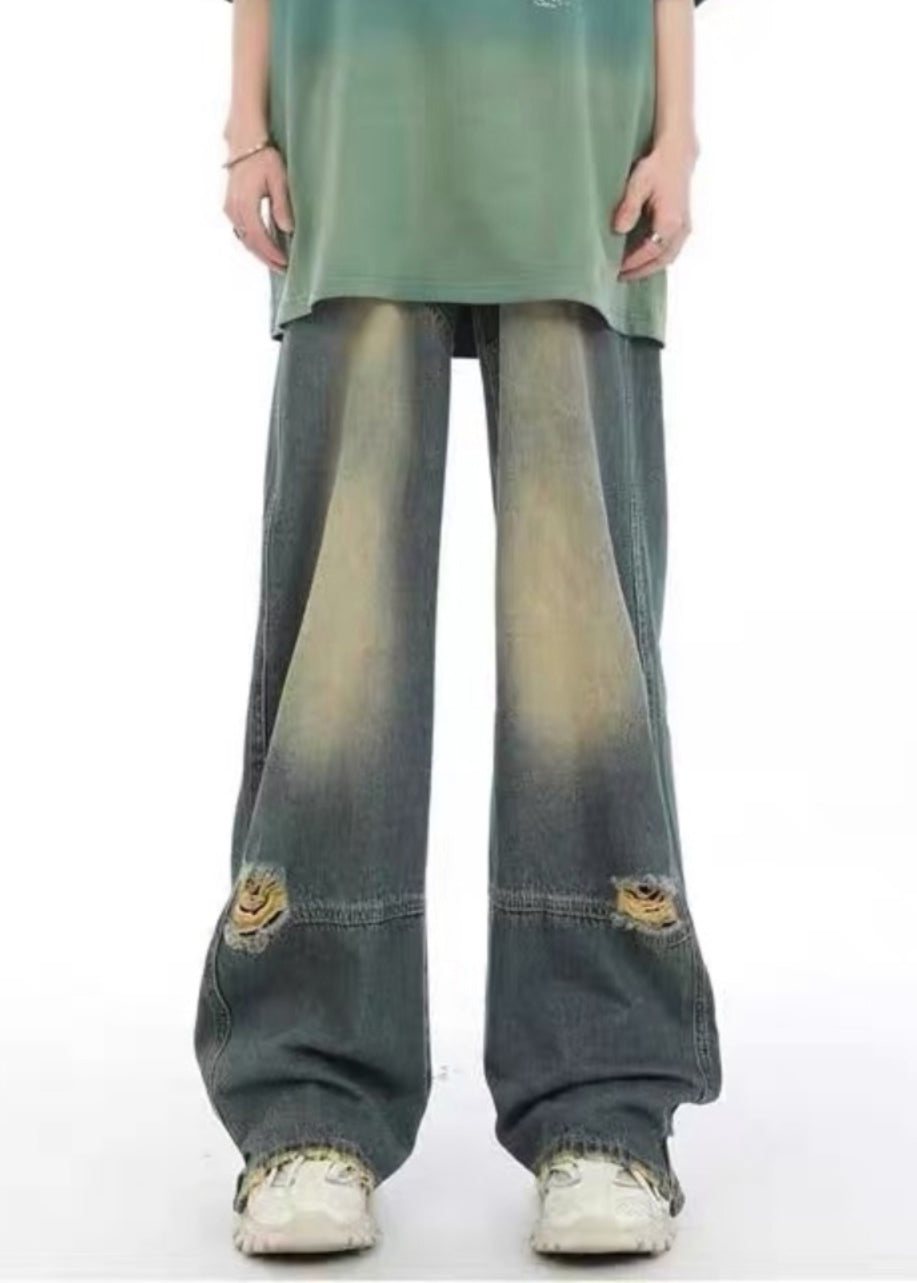 Unique Denim Blue Pockets Patchwork Hole Men Pants SA022 Men-casual-MENP240726