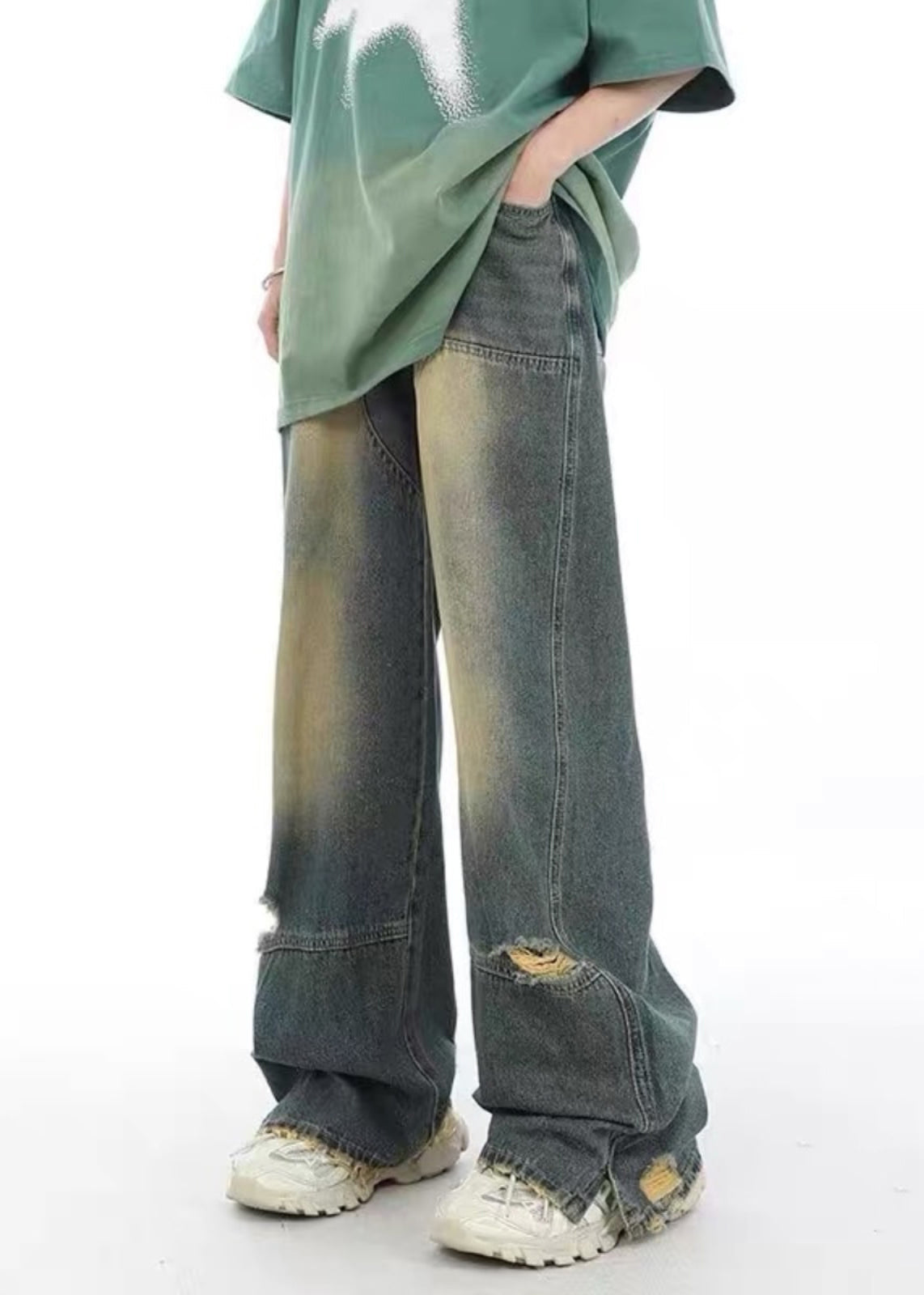 Unique Denim Blue Pockets Patchwork Hole Men Pants SA022 Men-casual-MENP240726