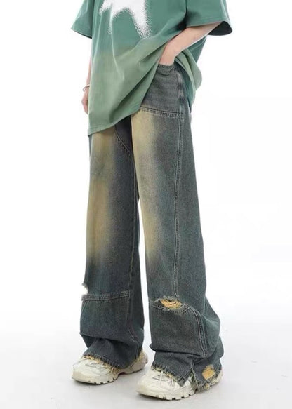 Unique Denim Blue Pockets Patchwork Hole Men Pants SA022 Men-casual-MENP240726