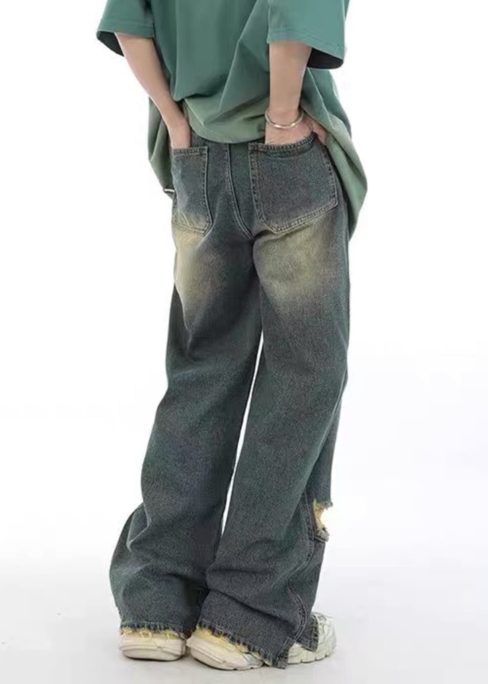 Unique Denim Blue Pockets Patchwork Hole Men Pants SA022 Men-casual-MENP240726