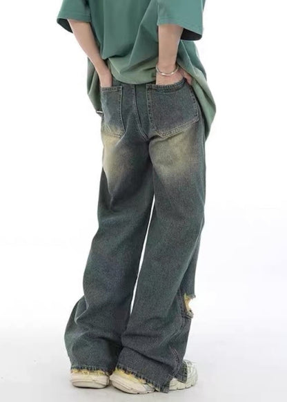 Unique Denim Blue Pockets Patchwork Hole Men Pants SA022 Men-casual-MENP240726