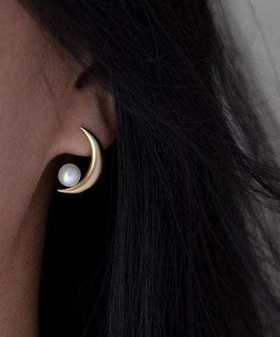 Sterling Gold Unique Asymmetrical Pearl Silver Overgild Hoop Moon FashionChic