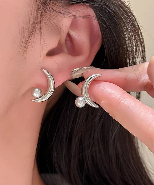 Sterling Gold Unique Asymmetrical Pearl Silver Overgild Hoop Moon FashionChic