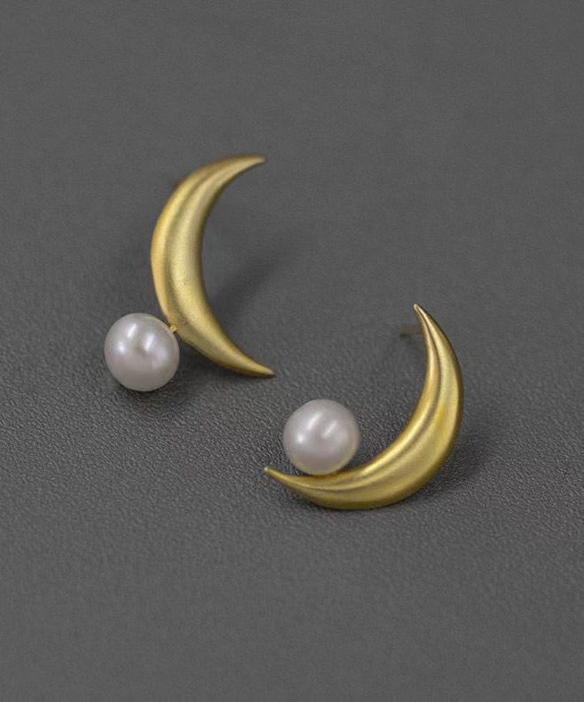 Sterling Gold Unique Asymmetrical Pearl Silver Overgild Hoop Moon FashionChic