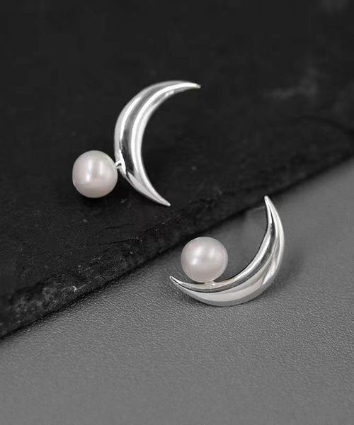 Sterling Gold Unique Asymmetrical Pearl Silver Overgild Hoop Moon FashionChic