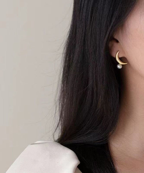 Sterling Gold Unique Asymmetrical Pearl Silver Overgild Hoop Moon FashionChic