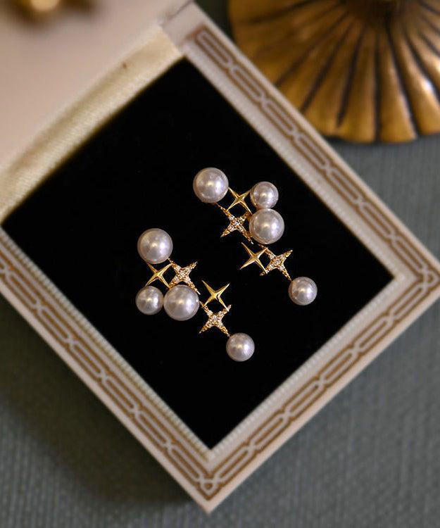 Unique Gold Sterling Silver Overgild Pearl Star Stud Earrings TX048