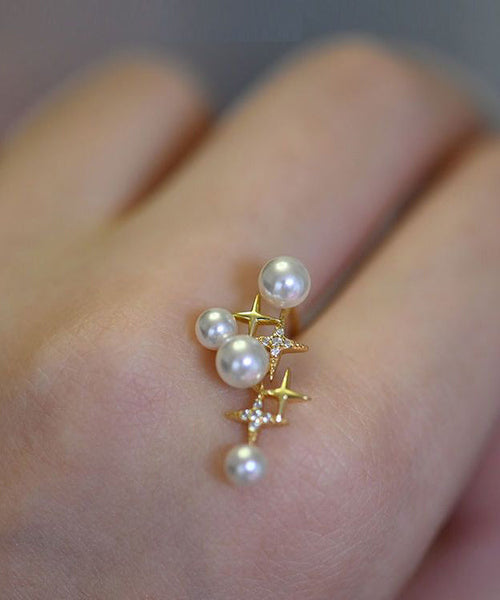 Unique Gold Sterling Silver Overgild Pearl Star Stud Earrings TX048