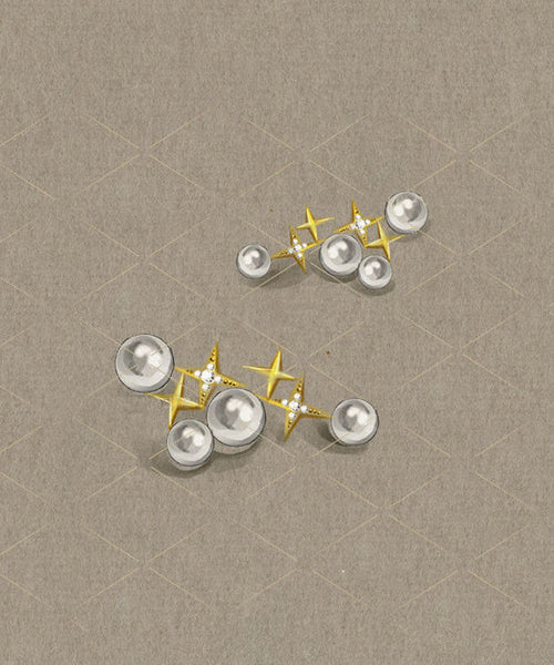 Unique Gold Sterling Silver Overgild Pearl Star Stud Earrings TX048