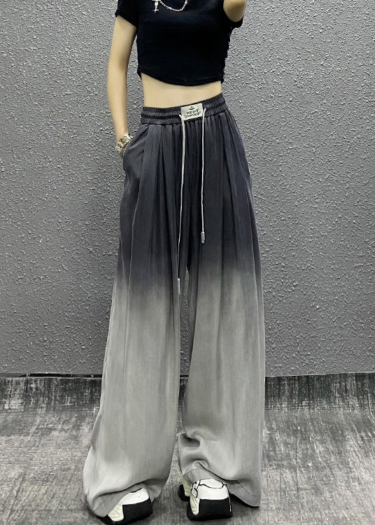 Unique Gradient Grey Pockets Drawstring Cotton Wide Leg Pants Fall RI009 ABC