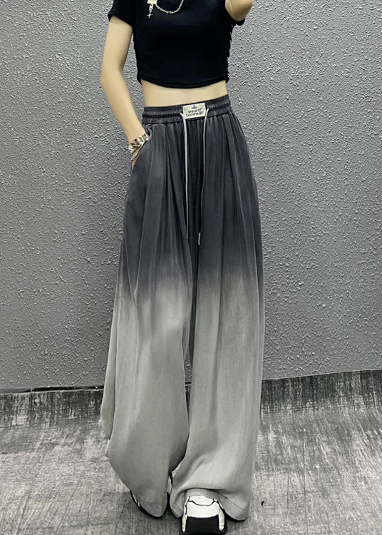 Unique Gradient Grey Pockets Drawstring Cotton Wide Leg Pants Fall RI009 ABC