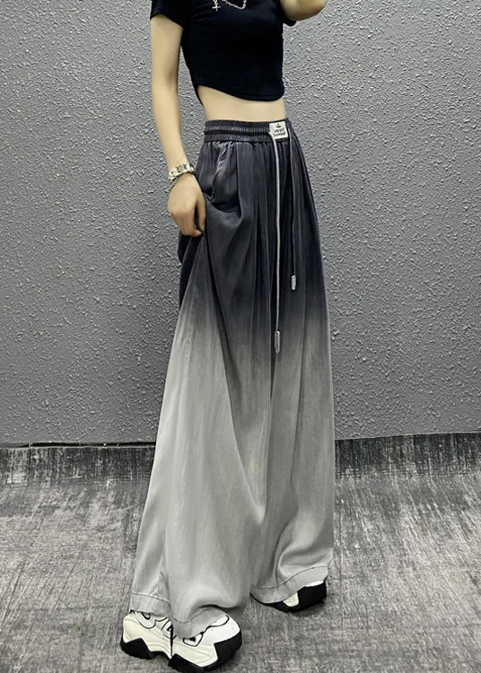 Unique Gradient Grey Pockets Drawstring Cotton Wide Leg Pants Fall RI009 ABC