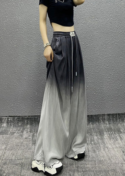 Unique Gradient Grey Pockets Drawstring Cotton Wide Leg Pants Fall RI009 ABC