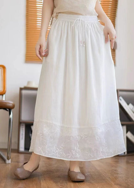 Green Linen Summer Embroidered Patchwork Unique Skirt FashionChic