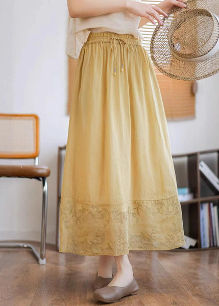 Green Linen Summer Embroidered Patchwork Unique Skirt FashionChic