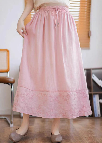 Green Linen Summer Embroidered Patchwork Unique Skirt FashionChic