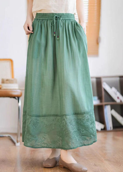 Green Linen Summer Embroidered Patchwork Unique Skirt FashionChic