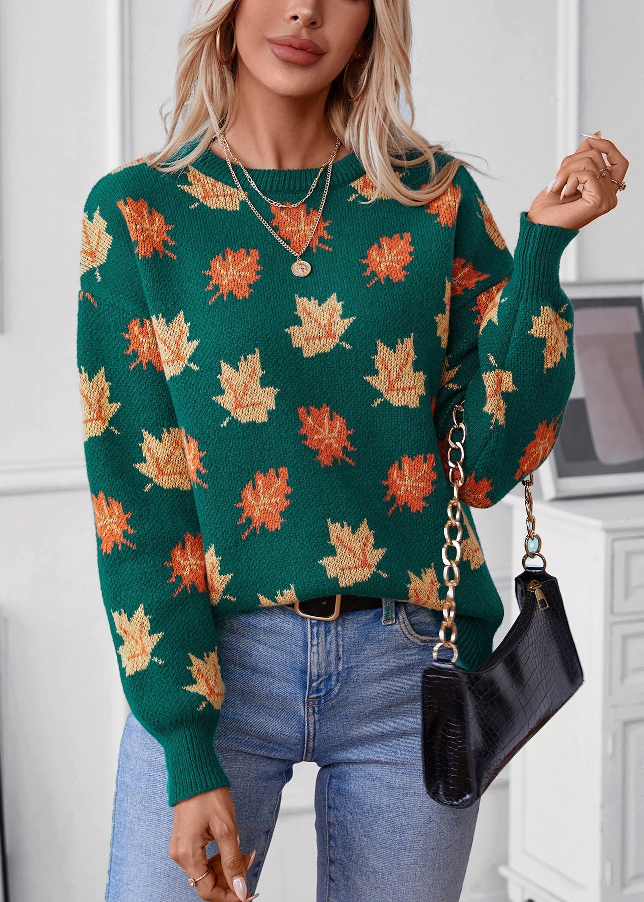 Unique Green O Neck Jacquard Thick Knit Sweaters Fall QY037 BB-ZS-WM-NTP241002
