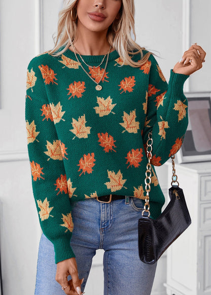 Unique Green O Neck Jacquard Thick Knit Sweaters Fall QY037 BB-ZS-WM-NTP241002