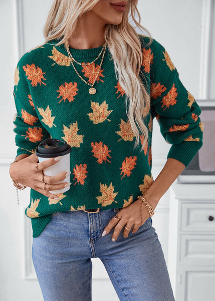 Unique Green O Neck Jacquard Thick Knit Sweaters Fall QY037 BB-ZS-WM-NTP241002