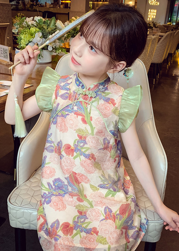 Unique Green Stand Collar Print Button Girls Mid Dresses Sleeveless MN028 MM-RCTZ-SDGM240701