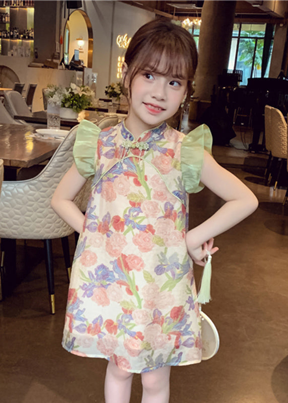 Unique Green Stand Collar Print Button Girls Mid Dresses Sleeveless MN028 MM-RCTZ-SDGM240701