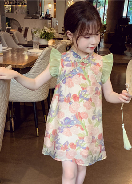 Unique Green Stand Collar Print Button Girls Mid Dresses Sleeveless MN028 MM-RCTZ-SDGM240701