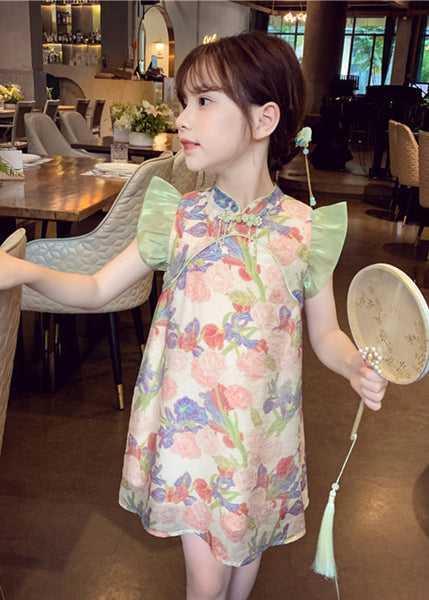 Unique Green Stand Collar Print Button Girls Mid Dresses Sleeveless MN028 MM-RCTZ-SDGM240701